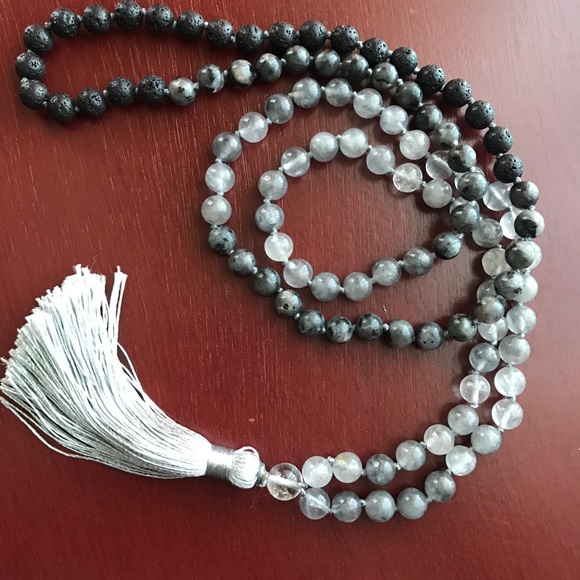 Reiki charged Labradorite and volcanic lava Mala - Picture 2 of 7